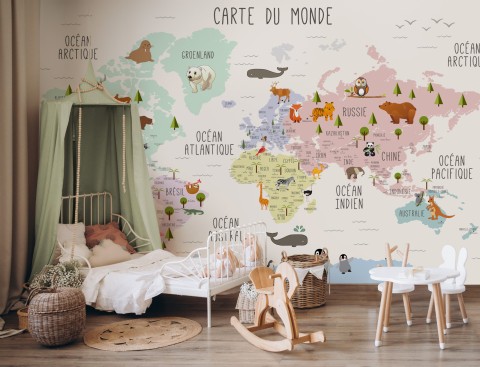  Carte éducatif en Français - Papier peint carte du monde éducative avec animaux pour enfants et bébé