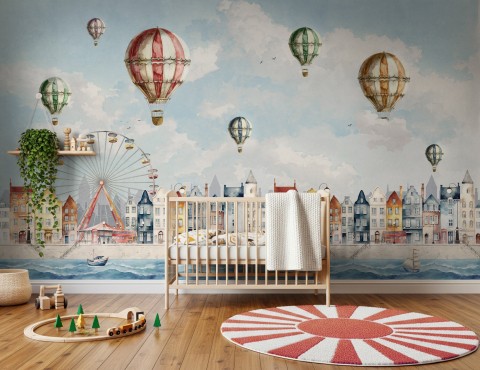 Papier Peint Panoramique Village Portuaire Enfant et Montgolfières