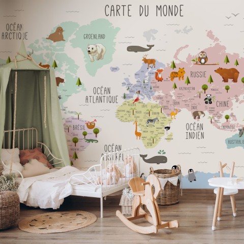 Carte éducatif en Français - Papier peint carte du monde éducative avec animaux pour enfants et bébé