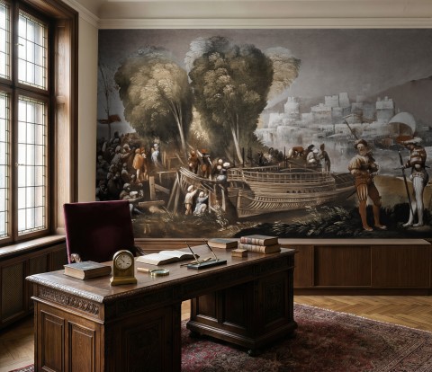 Papier peint panoramique paysage médiéval avec bateaux