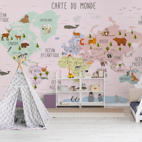  Carte éducatif en Français - Papier peint carte du monde éducative avec animaux pour enfants et bébé