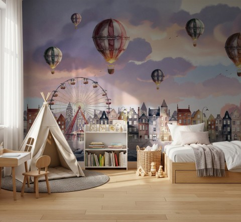 Kids Harbor Village and Hot Air Balloons Wallpaper Mural