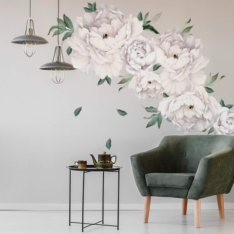 Fleur de pivoine blanche avec feuilles vertes Stickers muraux Sticker ...